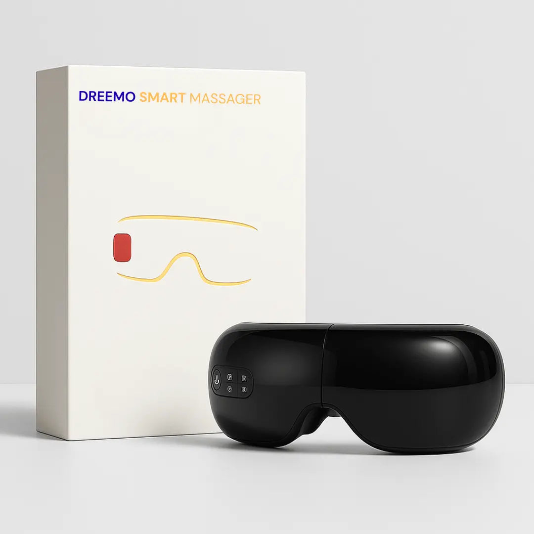 Black Dreemo Elixir One™ Eye Massager with branded packaging, showcasing a premium electric massager for eye strain and migraine relief.