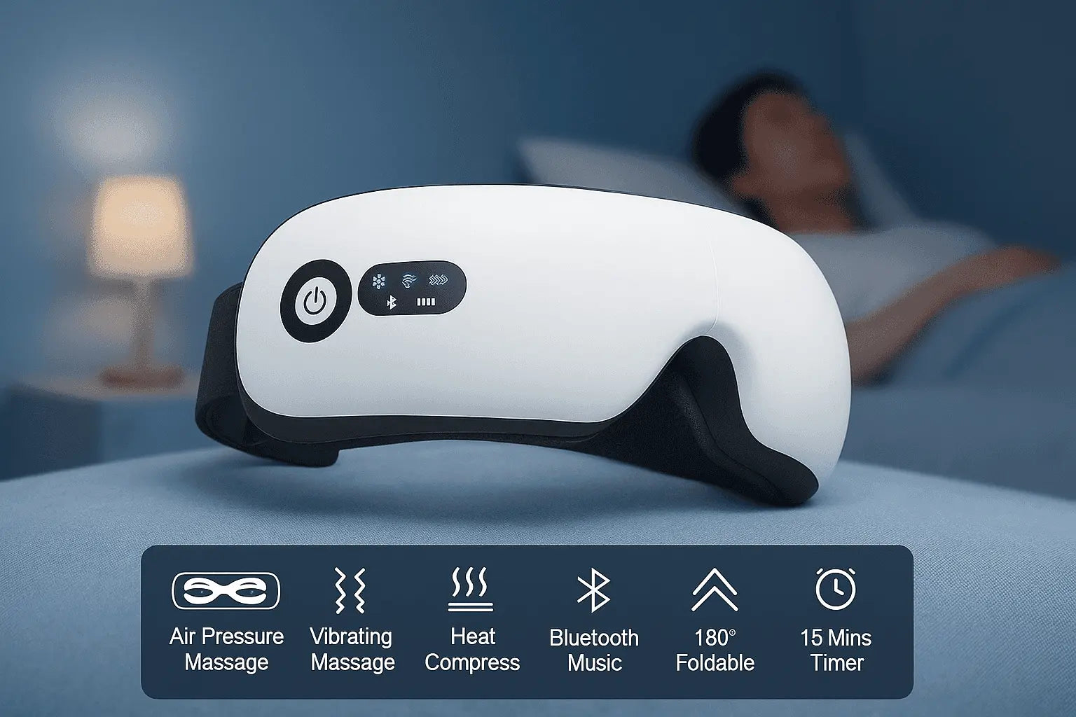 Dreemo Elixir One™ Eye Massager with icons showing features like heat compress, Bluetooth music, and 15-minute timer, perfect for eye strain relief at night.