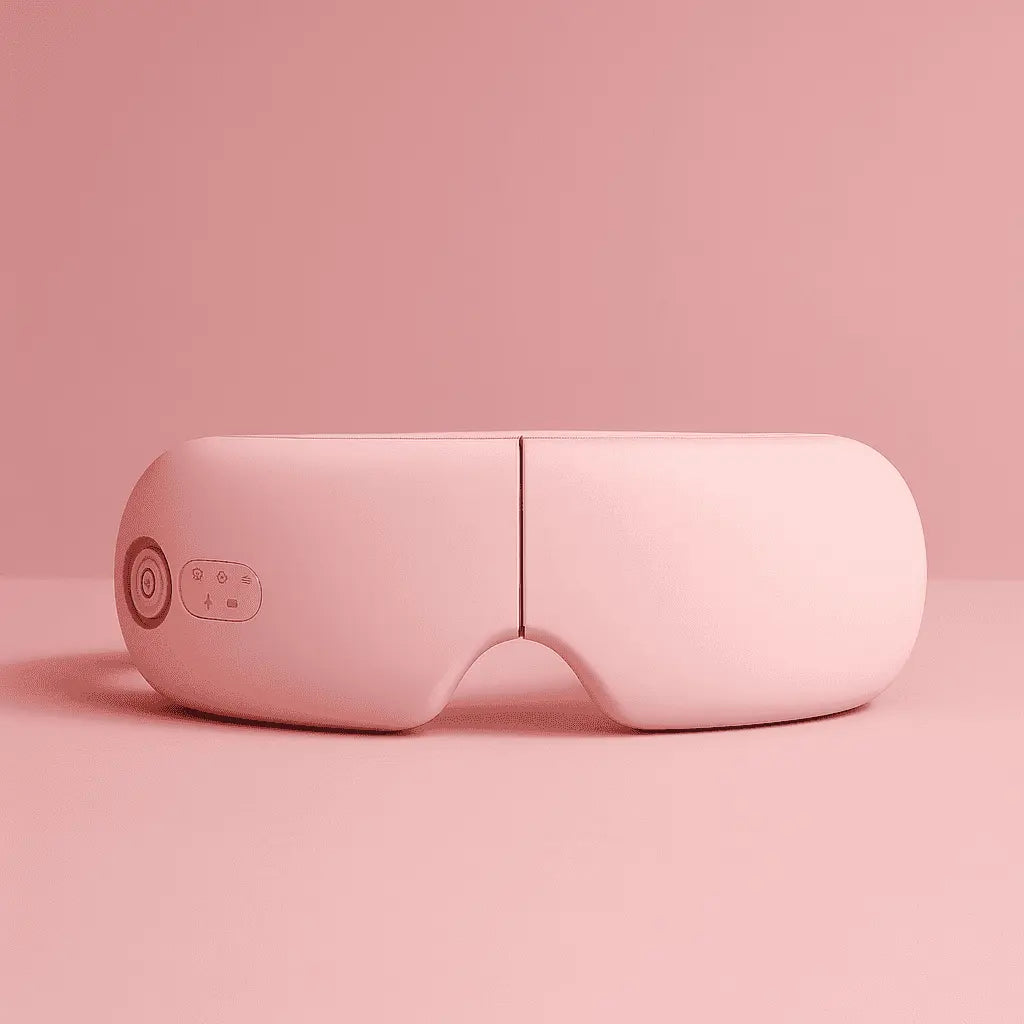 Pink Dreemo Elixir One™ Eye Massager with control buttons, designed for soothing migraines, eye strain, and dark circles in a stylish wellness accessory.