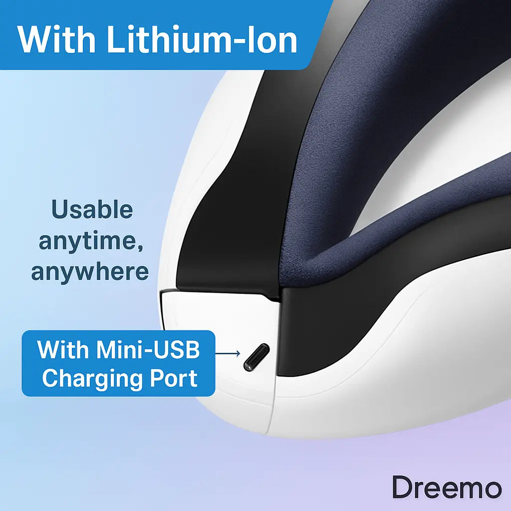 Close-up of Dreemo Elixir One™ Eye Massager's mini-USB charging port and lithium-ion battery, emphasizing convenience for anytime, anywhere use.