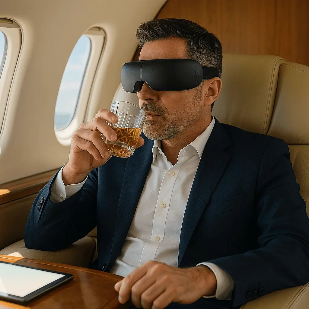 Man using Dreemo Elixir One™ Eye Massager on a flight, highlighting its portability and effectiveness in relieving migraines and eye fatigue during travel.