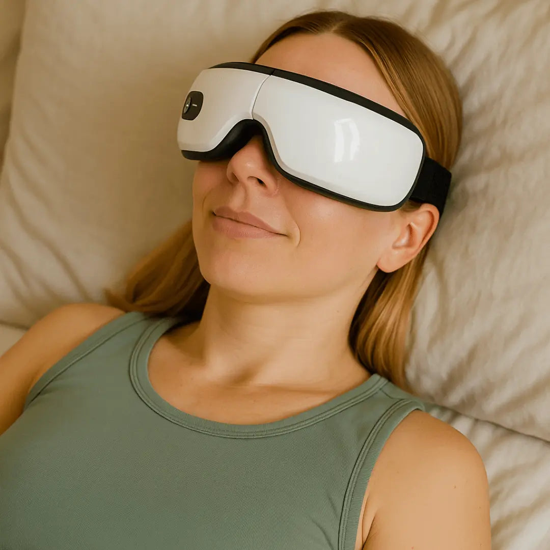 Woman relaxing in bed with Dreemo Elixir One™ Eye Massager, enjoying heat and vibration therapy for soothing migraines and reducing dark circles.