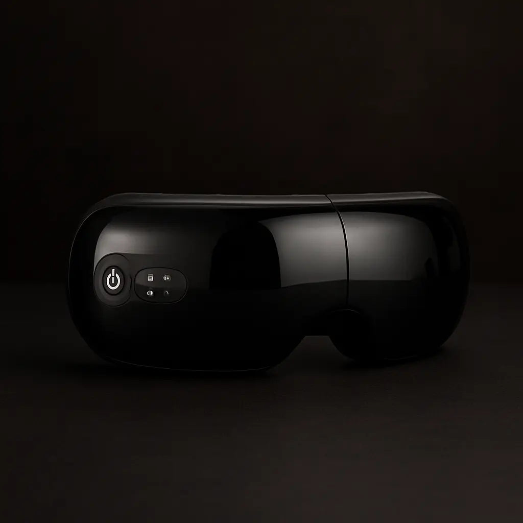 Sleek black Dreemo Elixir One™ Eye Massager on dark background, featuring ergonomic design and smart controls for deep relaxation and eye care.